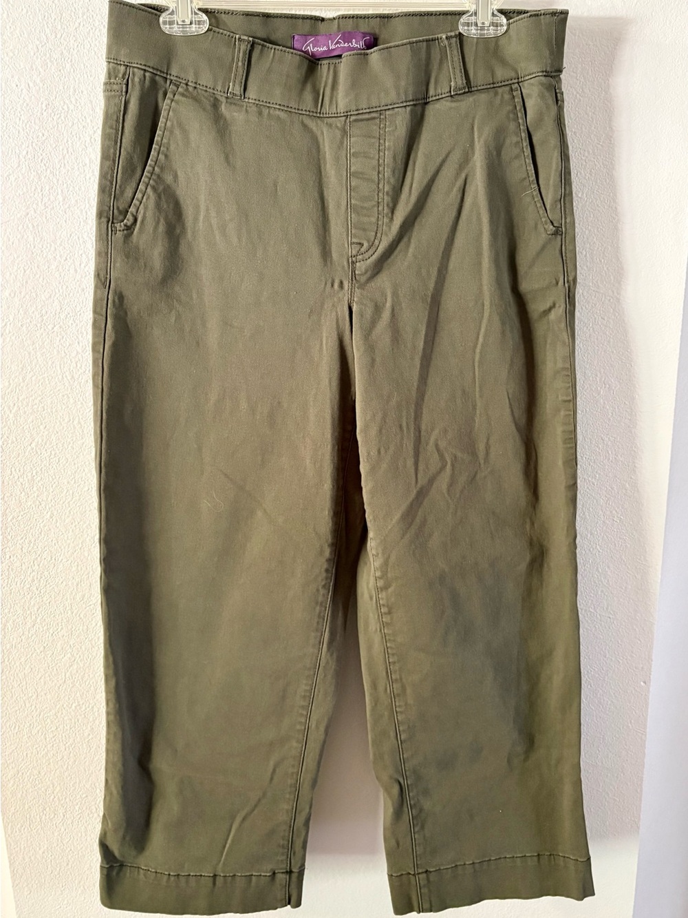 Gloria Vanderbilt Olive Green Wide Leg Capri Cotton croppped, faux zipper size 8